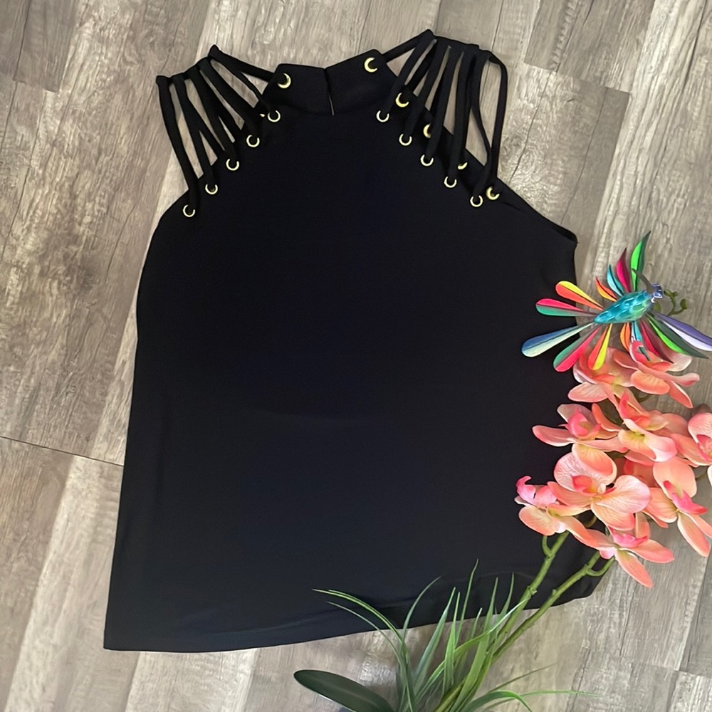 AUW black, mock laced shoulders, sexy fitted shirt